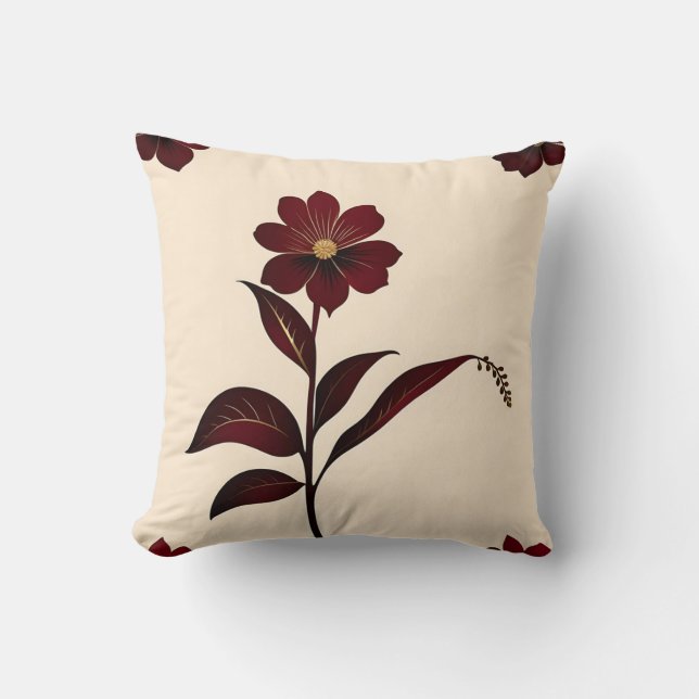 Botanical Burgundy Flowers with Gold Throw Pillow (Front)