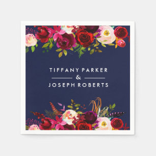 Botanical Burgundy Navy Blue Garden Floral Wedding Paper Napkins