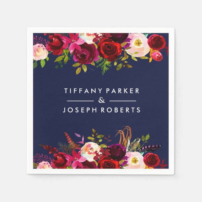 Botanical Burgundy Navy Blue Garden Floral Wedding Paper Napkins (Front)