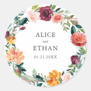 Botanical Burgundy Organge Wreath Wedding Classic Round Sticker