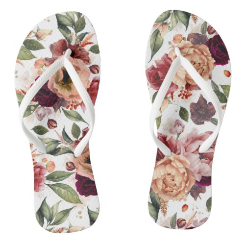 Botanical Burgundy Red and Orange Floral Pattern Flip Flops