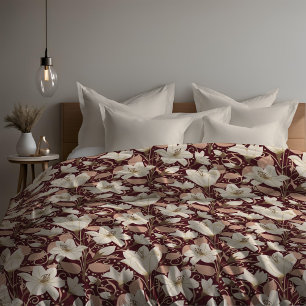 Botanical Burgundy Red Beige Lily Floral Pattern Duvet Cover