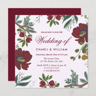 Botanical Burgundy Red Elegant Wedding Invite
