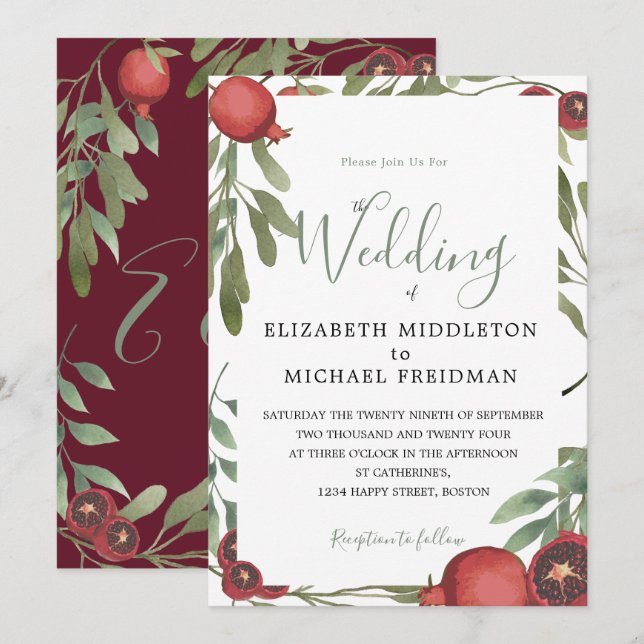 Botanical Burgundy Wedding  Pomegranates  Leaves Invitation (Front/Back)