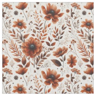 Botanical Burnt Orange on White Floral  Fabric