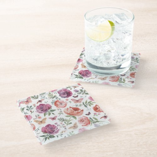 Botanical Butterfly Garden Watercolor Floral Glass Coaster