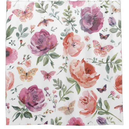 Botanical Butterfly Garden Watercolor Floral Shower Curtain