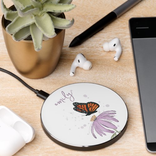 Botanical Butterfly Minimalist Purple Flower Cute  Wireless Charger