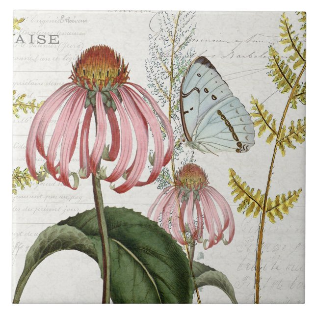 Botanical Butterfly Pink Wildflower Fern Vintage 3 Ceramic Tile (Front)