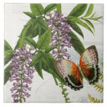 Botanical Butterfly Purple Wisteria Vintage 1 Ceramic Tile<br><div class="desc">#1 of 5 coordinating tile images. Rich orange, rust cream and black butterfly and a lavender wisteria vine with flowers and a peek of a fern fronds over collaged script handwriting ephemera and antique advertising images over a soft cream, ivory textured background. Collage created and Graphically designed by internationally licensed...</div>