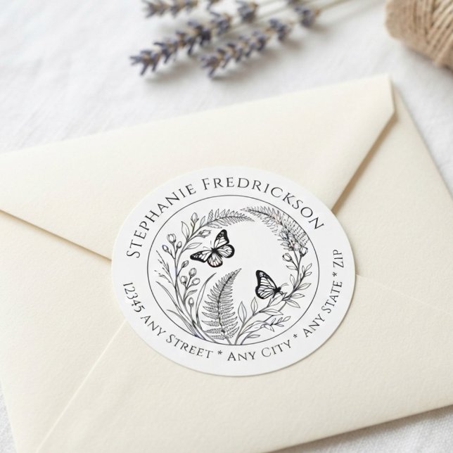 Botanical Butterfly Return Address Labels (Delicate butterfly and botanical design perfect for adding a breezy touch to garden party mail.)