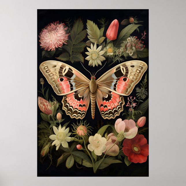 Botanical Butterfly Wall Art Print, Dark Academia (Front)