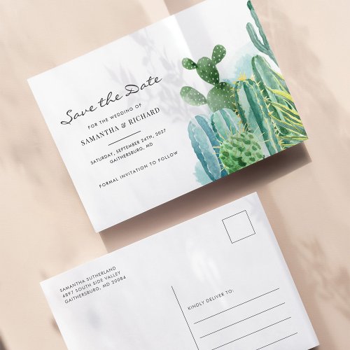 Botanical Cacti Watercolor Wedding Save The Date Announcement Postcard
