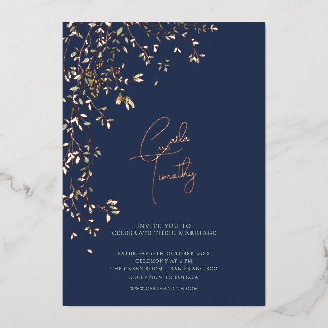 Botanical Caligraphy Wedding Navy Blue Foil Invitation (Front)