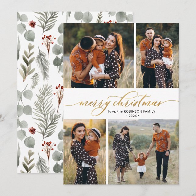 Botanical Calligraphy 4 Multi Photo Christmas  Holiday Card (Front/Back)