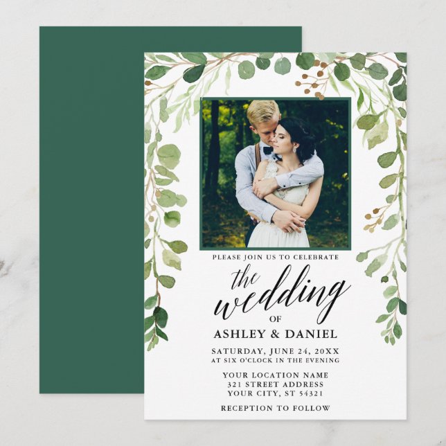 Botanical Calligraphy Photo Wedding Green Invitation (Front/Back)