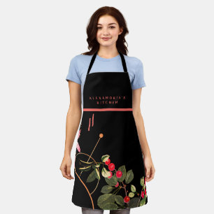 Botanical Cherries Custom Name + Kitchen Black Apron