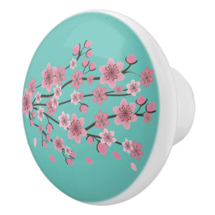 Botanical Cherry Blossom Falling Petals Ombré Art Ceramic Knob