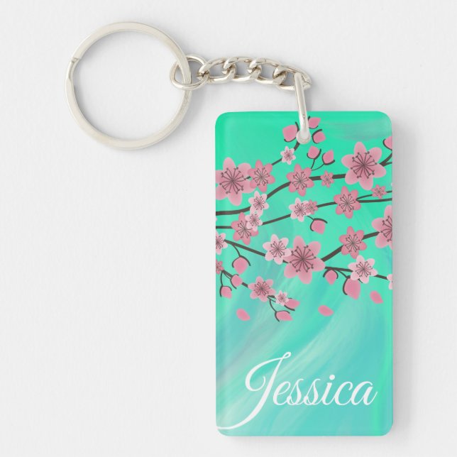 Botanical Cherry Blossom Falling Petals Ombré Art Keychain (Front)