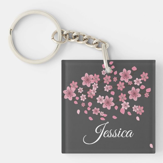 Botanical Cherry Blossom Falling Petals Ombré Art Keychain (Front)