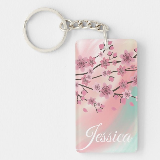 Botanical Cherry Blossom Falling Petals Ombré Art Keychain (Front)