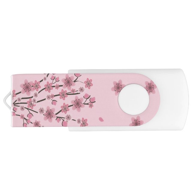 Botanical Cherry Blossom Falling Petals Pink Art Flash Drive (Back)