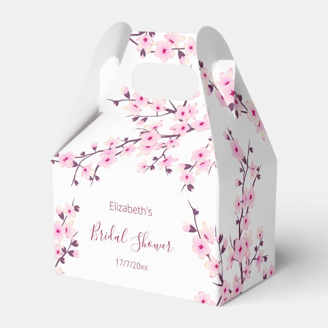 Botanical Cherry Blossom Pink White Bridal Shower Favor Boxes (Front Side)
