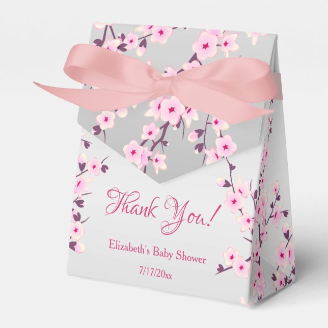 Botanical Cherry Blossoms Pink Gray Thank You Favor Boxes (Front Side)