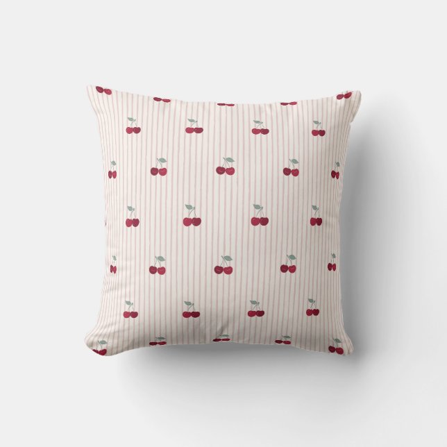 Botanical Cherry Stripe Picnic Party Throw Pillow (Front)