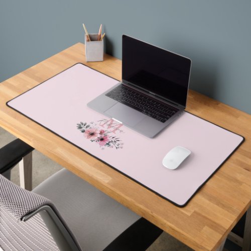 Botanical chic blush pink  floral monogrammed desk mat