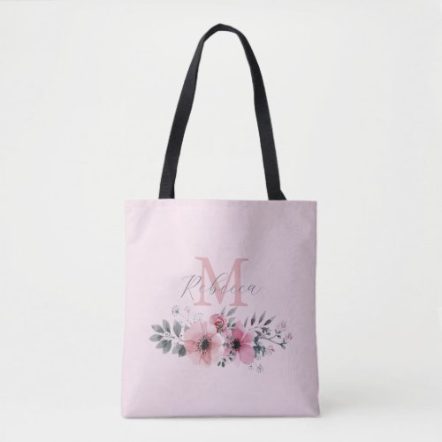 Botanical chic blush pink  floral monogrammed tote bag