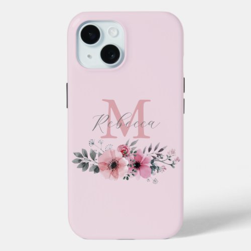 Botanical chic blush pink watercolor floral  iPhone 15 case