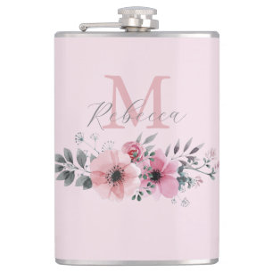 Botanical chic blush pink watercolor floral  flask