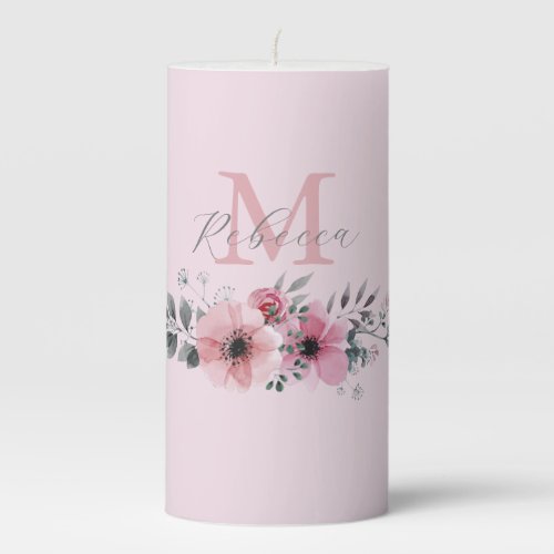 Botanical chic blush pink watercolor floral  pillar candle