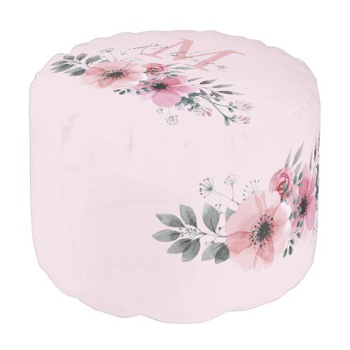Botanical chic blush pink watercolor floral  pouf