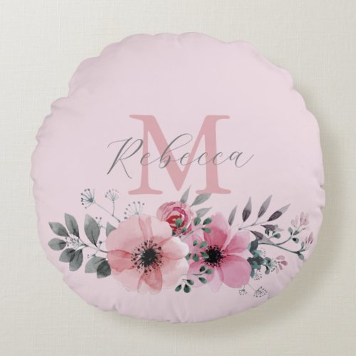 Botanical chic blush pink watercolor floral  round pillow