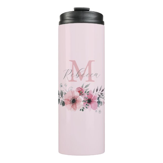 Botanical chic blush pink watercolor floral  thermal tumbler (Front)