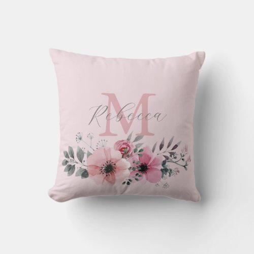 Botanical chic blush pink watercolor floral  throw pillow