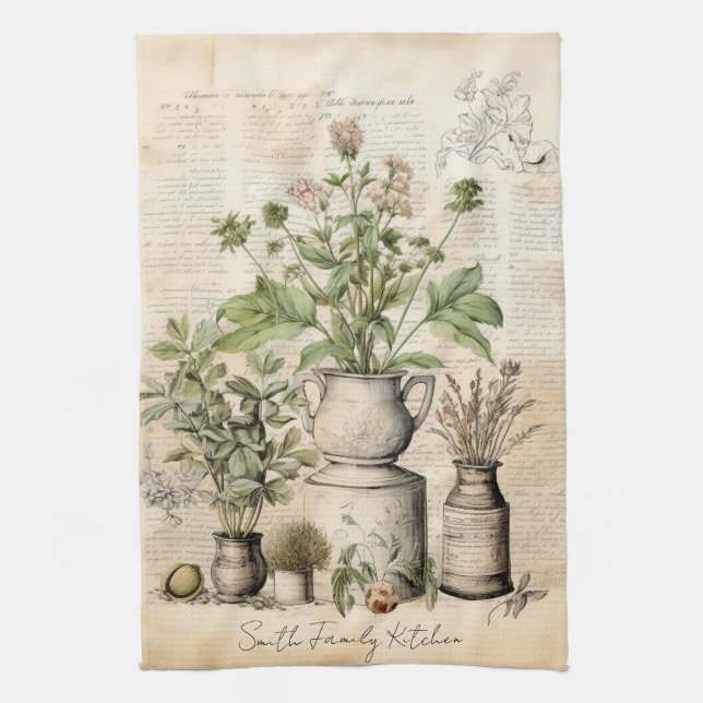 Botanical Chic Family Name Gift Kitchen Towel (Vertical)