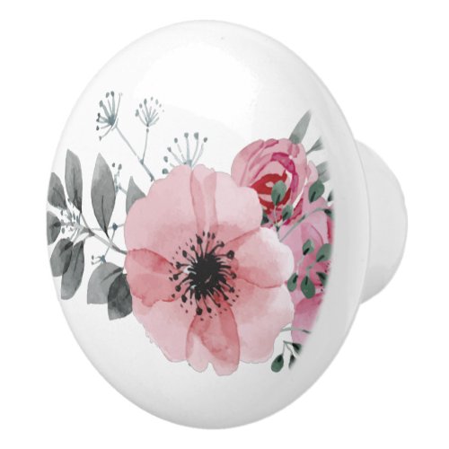 Botanical chic floral elegant grey pink flower ceramic knob
