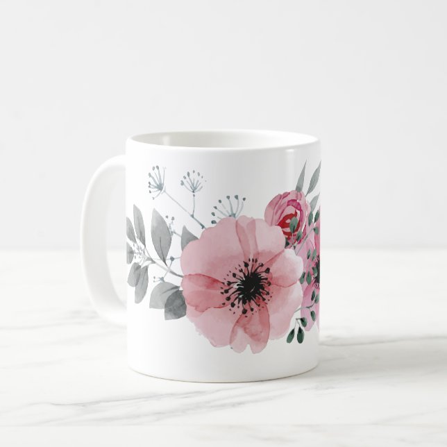 Botanical chic floral elegant grey pink flower coffee mug (Front Left)