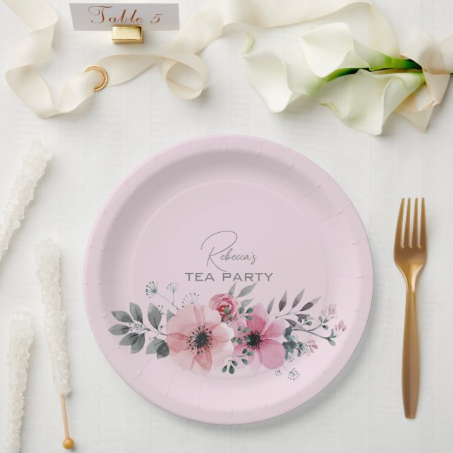 Botanical chic floral elegant grey pink flower paper plates (Wedding)