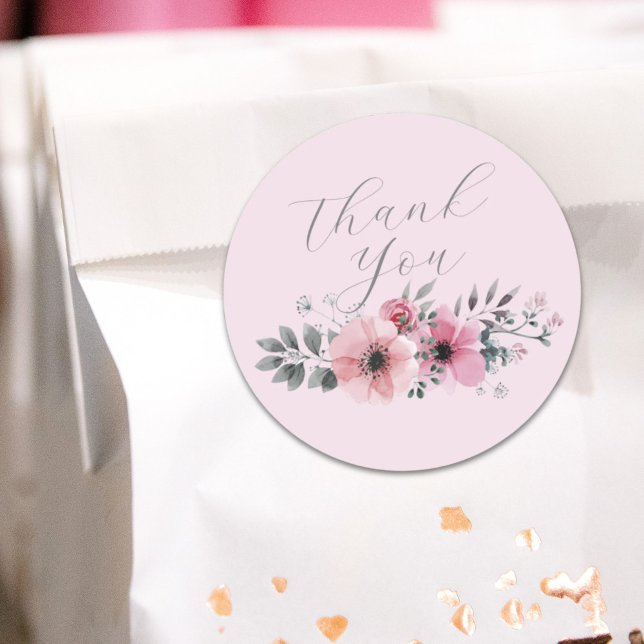 Botanical chic floral grey pink flower Thank you Classic Round Sticker (Botanical chic floral grey pink flower Thank you Classic Round Sticker)