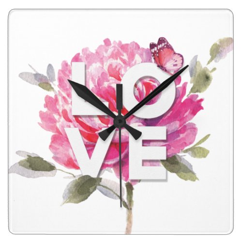 Botanical Chic Pink Floral Watercolor Love Script Square Wall Clock