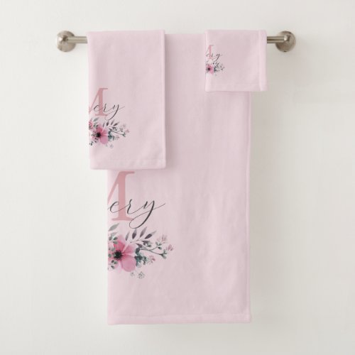 Botanical chic pink watercolor floral monogram bath towel set