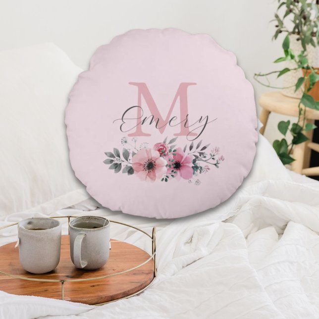Botanical chic pink watercolor floral monogram round pillow (Botanical chic pink watercolor floral monogram round pillow)