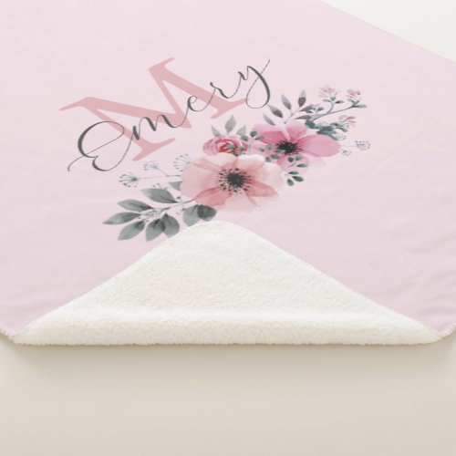 Botanical chic pink watercolor floral monogram sherpa blanket