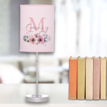 Botanical chic pink watercolor floral monogram table lamp
