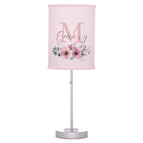 Botanical chic pink watercolor floral monogram table lamp