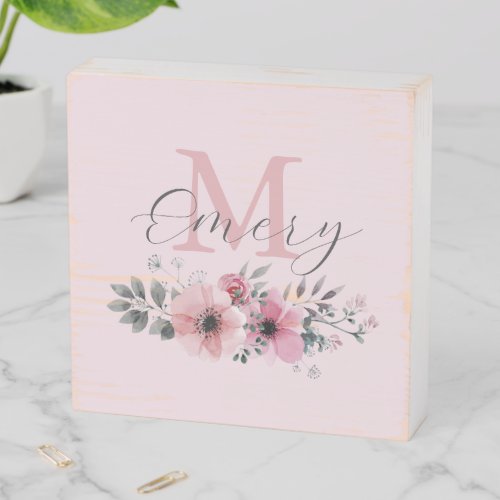 Botanical chic pink watercolor floral monogram wooden box sign